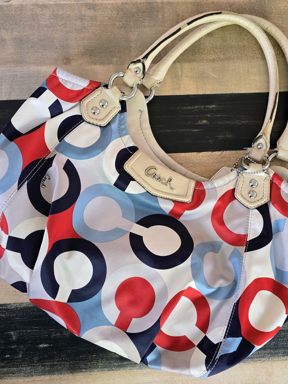 Coach Multicolor Circle-Print Shoulder Bag - Red, Navy, Light Blue & Cream